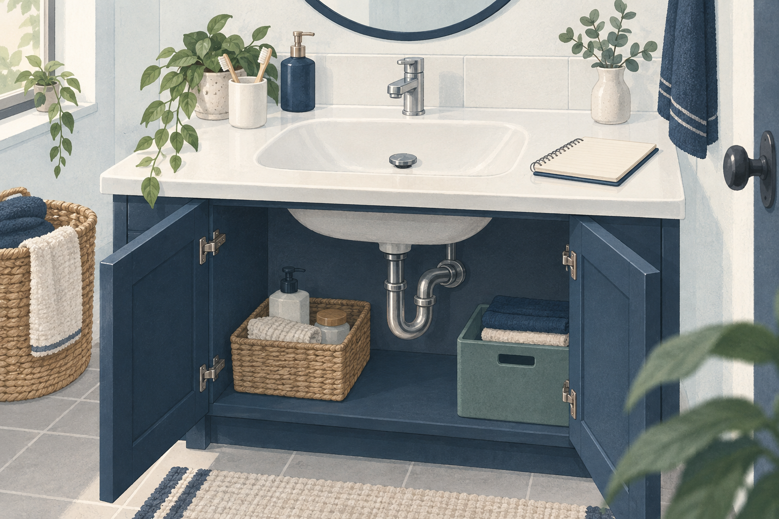세면대 배수가 느릴 때 상담할 내용과 방문 준비 주제를 설명하는 삽화